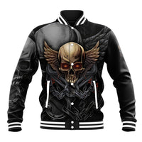 Black unisex baseball jacket with large skull-and-wings graphic, striped ribbed cuffs and collar