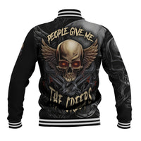 Black unisex baseball jacket with skull and wing graphic on back, ribbed striped collar