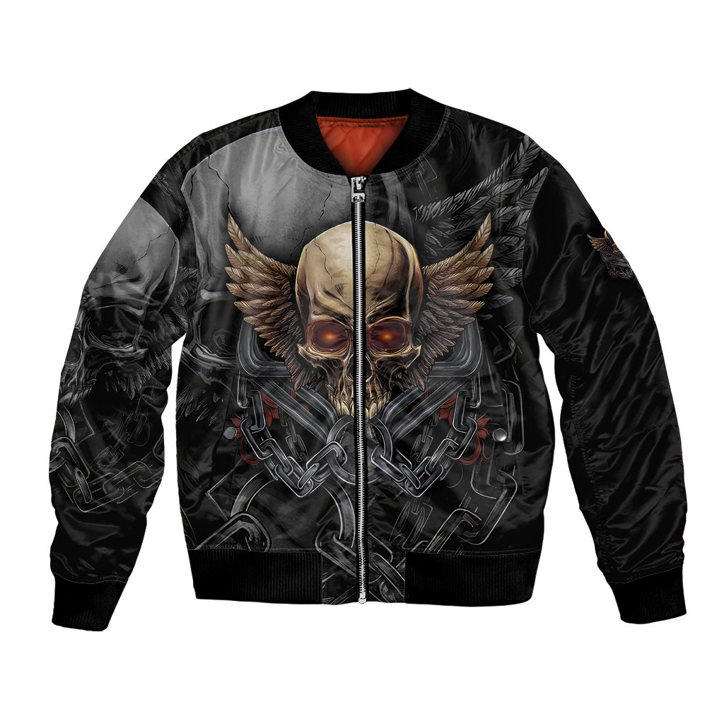 Unisex black bomber jacket, front zipper, skull with wing graphic and chain detail