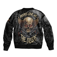 Unisex black bomber jacket with ribbed cuffs and large back skull with wing graphic