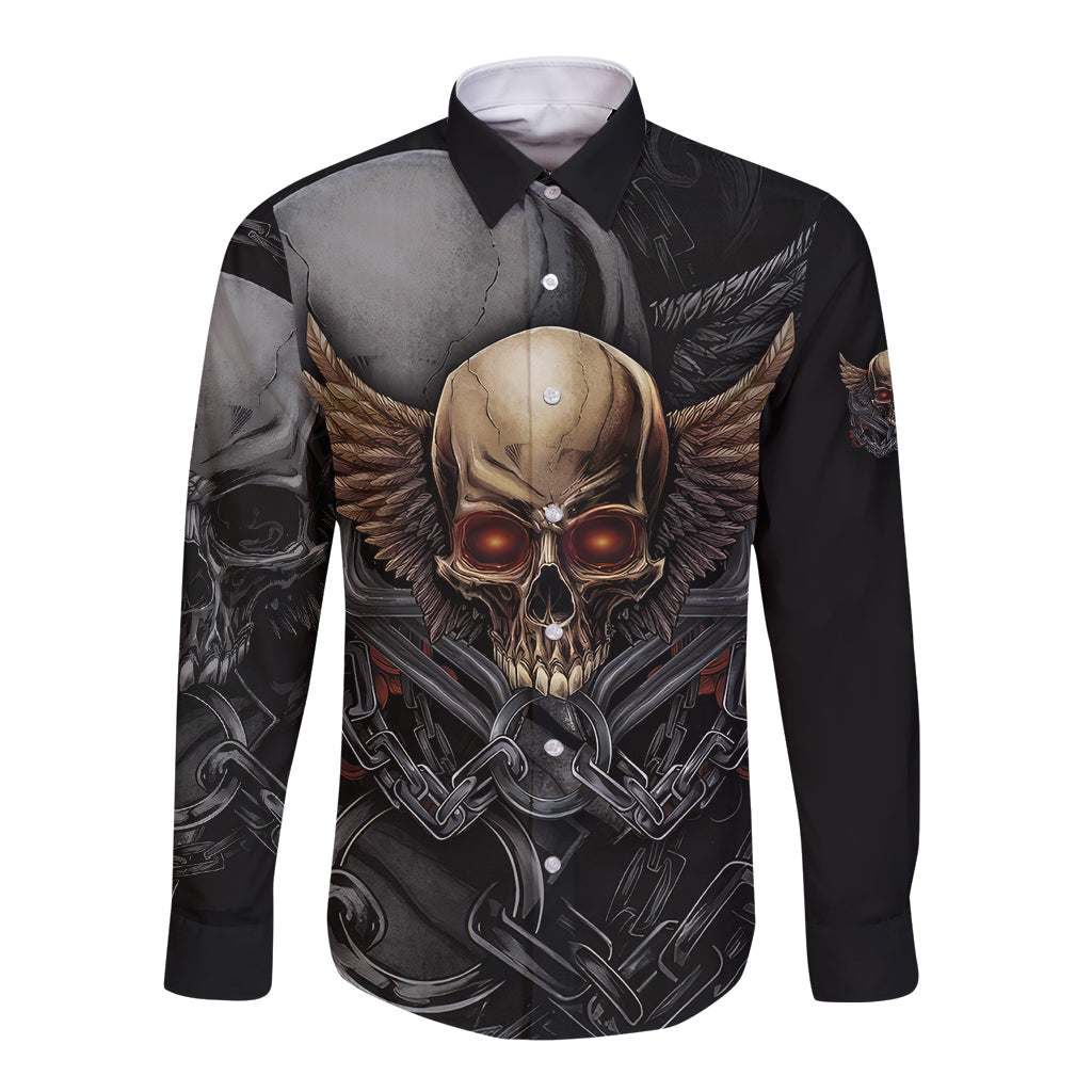 Black long-sleeve button shirt, front skull graphic with chains and wings.