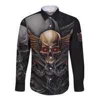 Black long-sleeve button shirt, front skull graphic with chains and wings.
