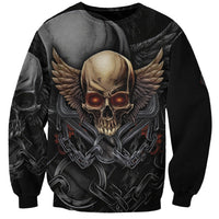 Black crewneck sweatshirt, front shows skull, wings, and chain graphic