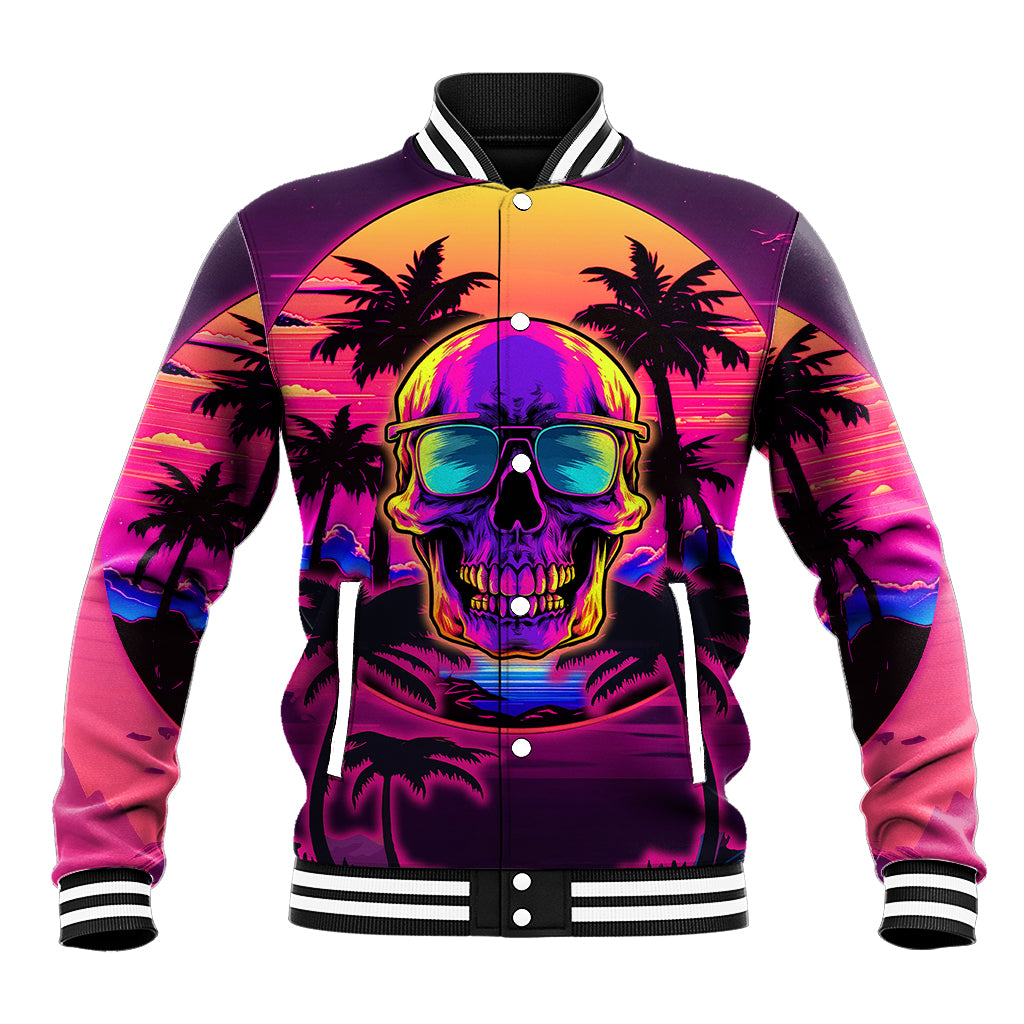 Multicolor skull face front-button baseball jacket, striped rib collar and cuffs