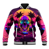 Multicolor skull face front-button baseball jacket, striped rib collar and cuffs