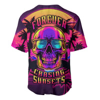Foreuer skull baseball jersey with colorful sunset and sunglasses graphic, V-neck buttons