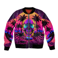 Multicolor zip-front bomber jacket with glowing skull and palm tree sunset print