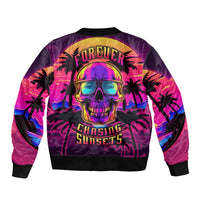 Multicolor bomber jacket with skull and palm trees graphic, 'Chasing Sunsets' text