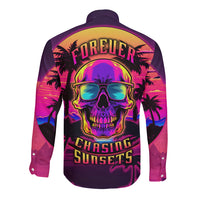 Multicolor long-sleeve button shirt with back skull and sunset palm graphic