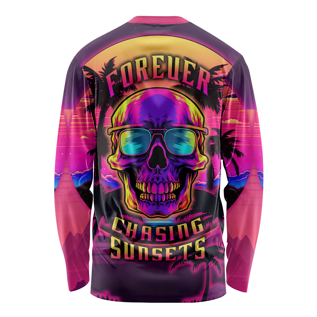 Neon skull graphic unisex long-sleeve shirt with 'Chasing Sunsets' lettering