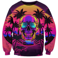 Unisex crewneck sweatshirt with neon skull wearing mirrored glasses, palm-lined sunset print