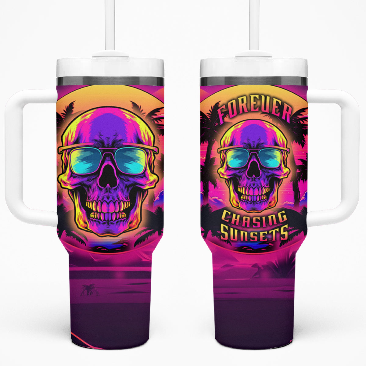 Foreuer Chasing Sunsets Skull Tumbler With Handle