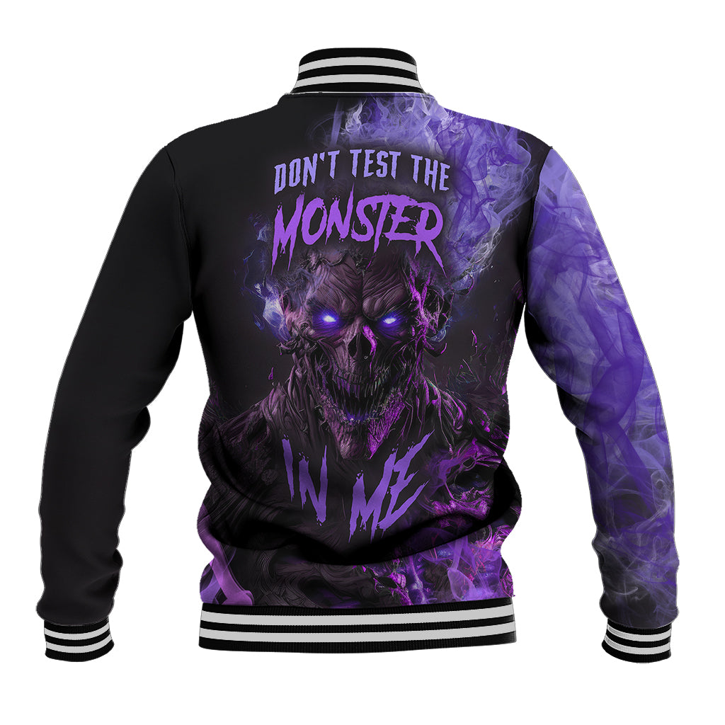Black and purple unisex baseball jacket with monster graphic on back, ribbed trim