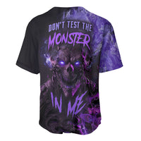 Black and purple baseball jersey with monster face graphic on back