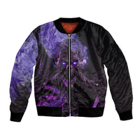 Black bomber jacket with purple monster graphic, front zip closure and ribbed cuffs