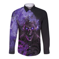 Unisex black long sleeve button shirt with purple monster graphic on front
