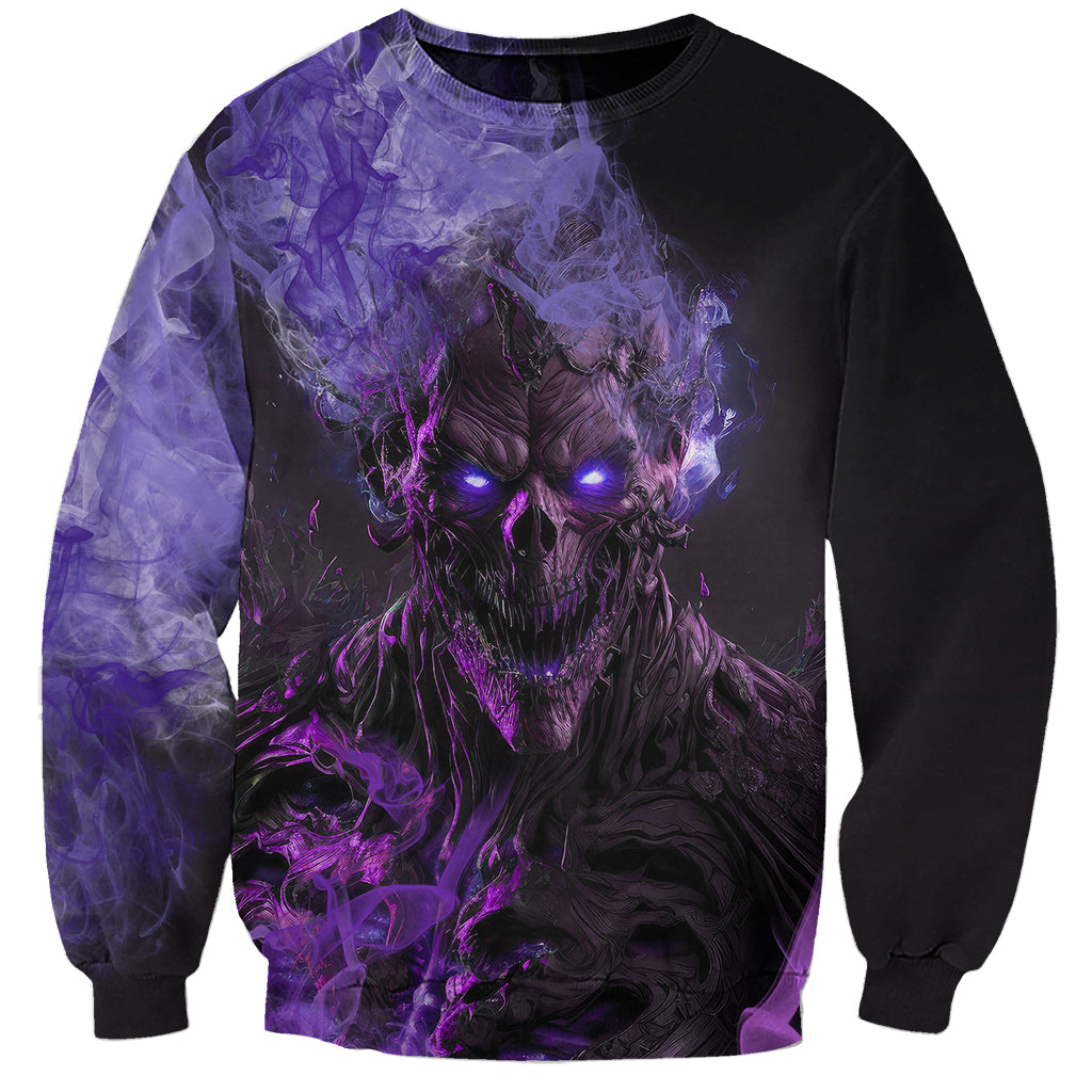 Unisex crewneck sweatshirt with purple monster skull front print and black sleeves