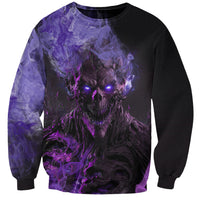 Unisex crewneck sweatshirt with purple monster skull front print and black sleeves