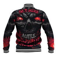 Unisex black baseball jacket, back graphic skull and flames, striped rib collar and cuffs