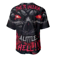 Black baseball jersey with red skull and flames, back text "Time to Unleash"