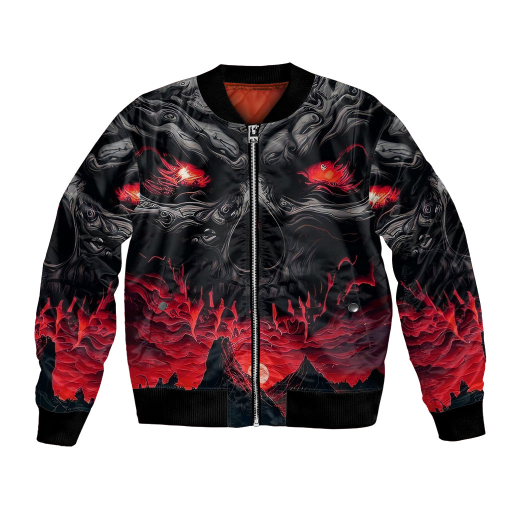 Unisex black bomber jacket with red flame graphic, front zip and ribbed cuffs
