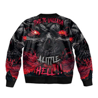Unisex black bomber jacket with red flame graphic on back, ribbed collar