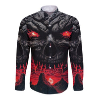 Unisex long-sleeve button shirt with black/red demon skull front graphic