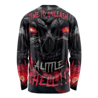 Unisex black long-sleeve shirt with red skull, flames, and TIME TO UNLEASH print