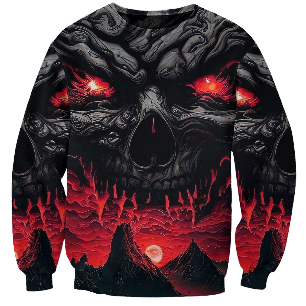 Black unisex sweatshirt with red hellscape skull graphic and dark landscape on front
