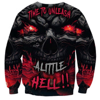 Black unisex sweatshirt with red skull and flame graphic on the front