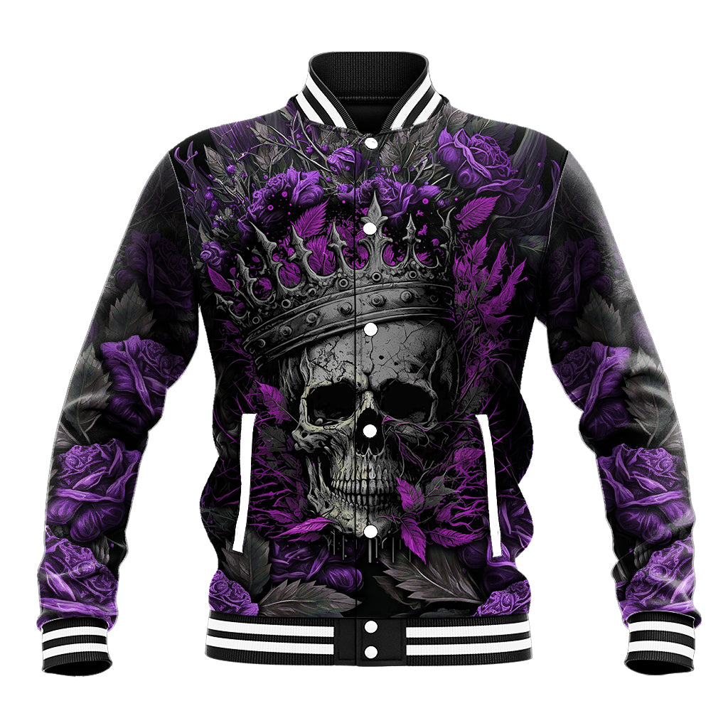 Unisex gray-and-purple baseball jacket with purple roses skull front, snap buttons, striped cuffs