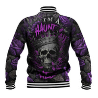 Unisex gray-and-purple varsity baseball jacket with purple skull graphic and ribbed striped collar