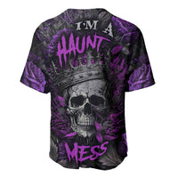 Dark baseball jersey with purple skull graphic, roses, and “I’M A HAUNT” back print