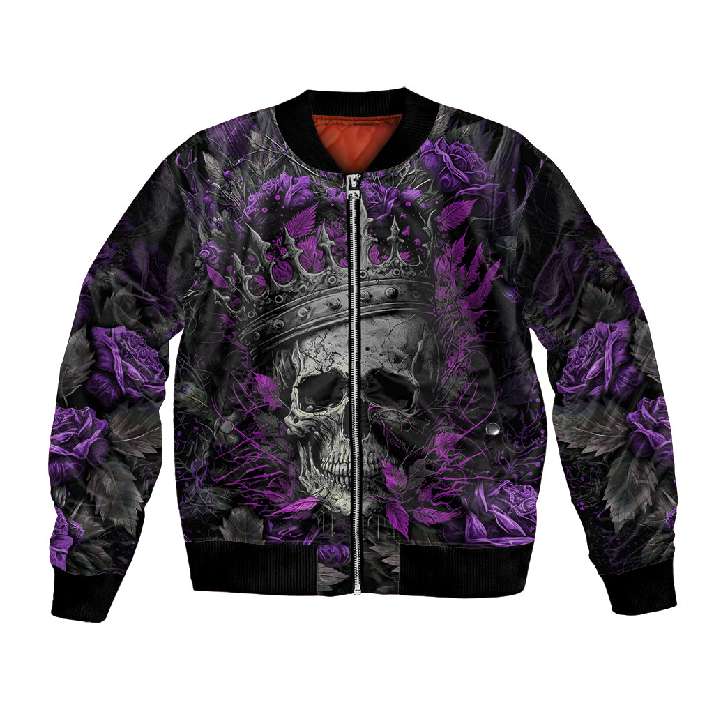 Gray and purple skull rose bomber jacket with full front zipper and ribbed trim
