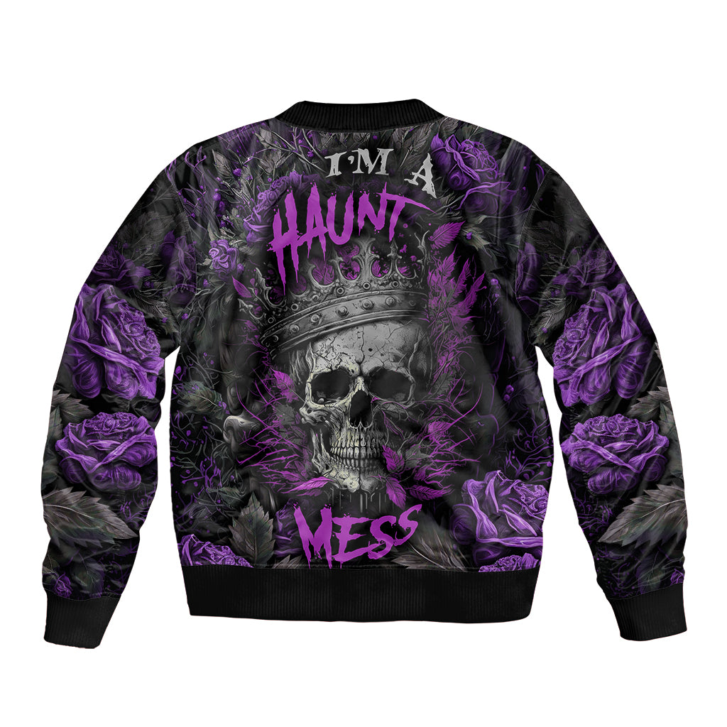 Gray and purple skull graphic bomber jacket with ribbed collar and cuffs