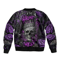 Gray and purple skull graphic bomber jacket with ribbed collar and cuffs