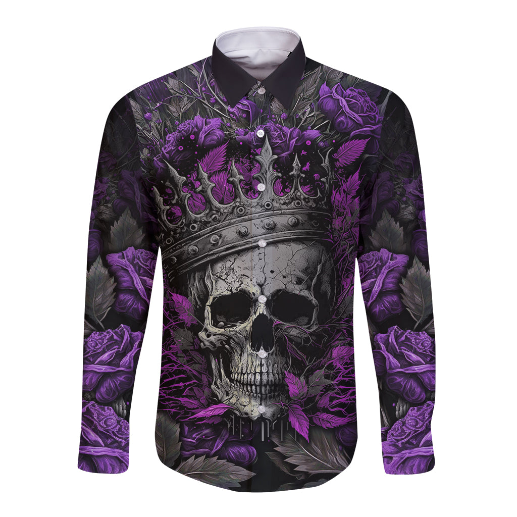 Long sleeve button shirt, dark gray with purple skull front graphic and button placket