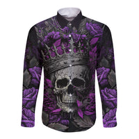 Long sleeve button shirt, dark gray with purple skull front graphic and button placket