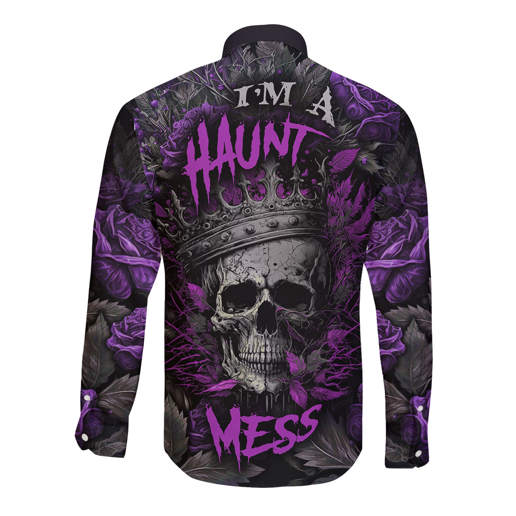 Long sleeve button shirt, dark gray with purple skull and floral back graphic