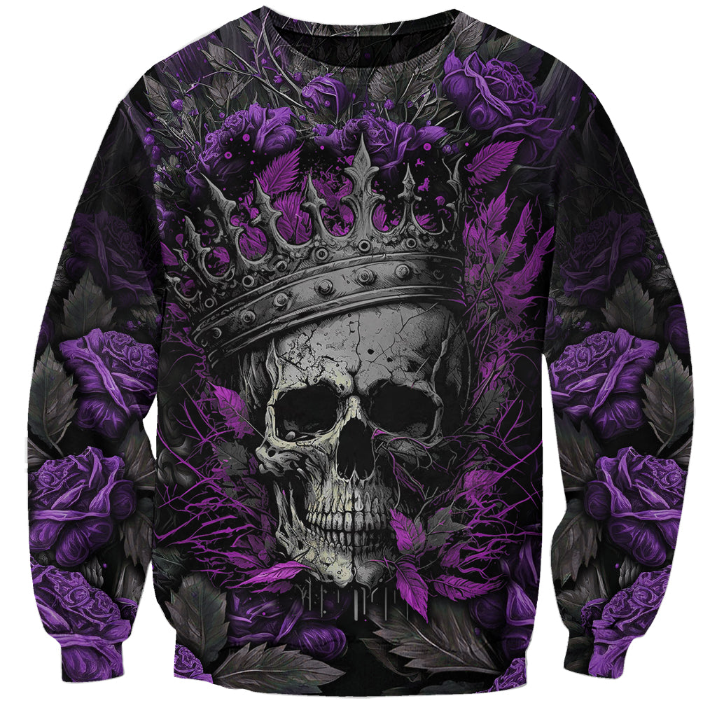 Unisex sweatshirt front graphic: purple skull, roses and flames, black pullover