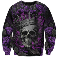 Unisex sweatshirt front graphic: purple skull, roses and flames, black pullover