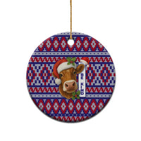 Cow in Santa Hat Be Kind Message Ceramic Ornament with Red Blue Knit Pattern Design - Wonder Print Shop