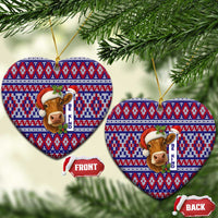Cow in Santa Hat Be Kind Message Ceramic Ornament with Red Blue Knit Pattern Design - Wonder Print Shop