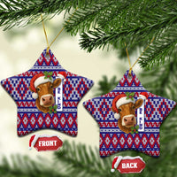 Cow in Santa Hat Be Kind Message Ceramic Ornament with Red Blue Knit Pattern Design - Wonder Print Shop