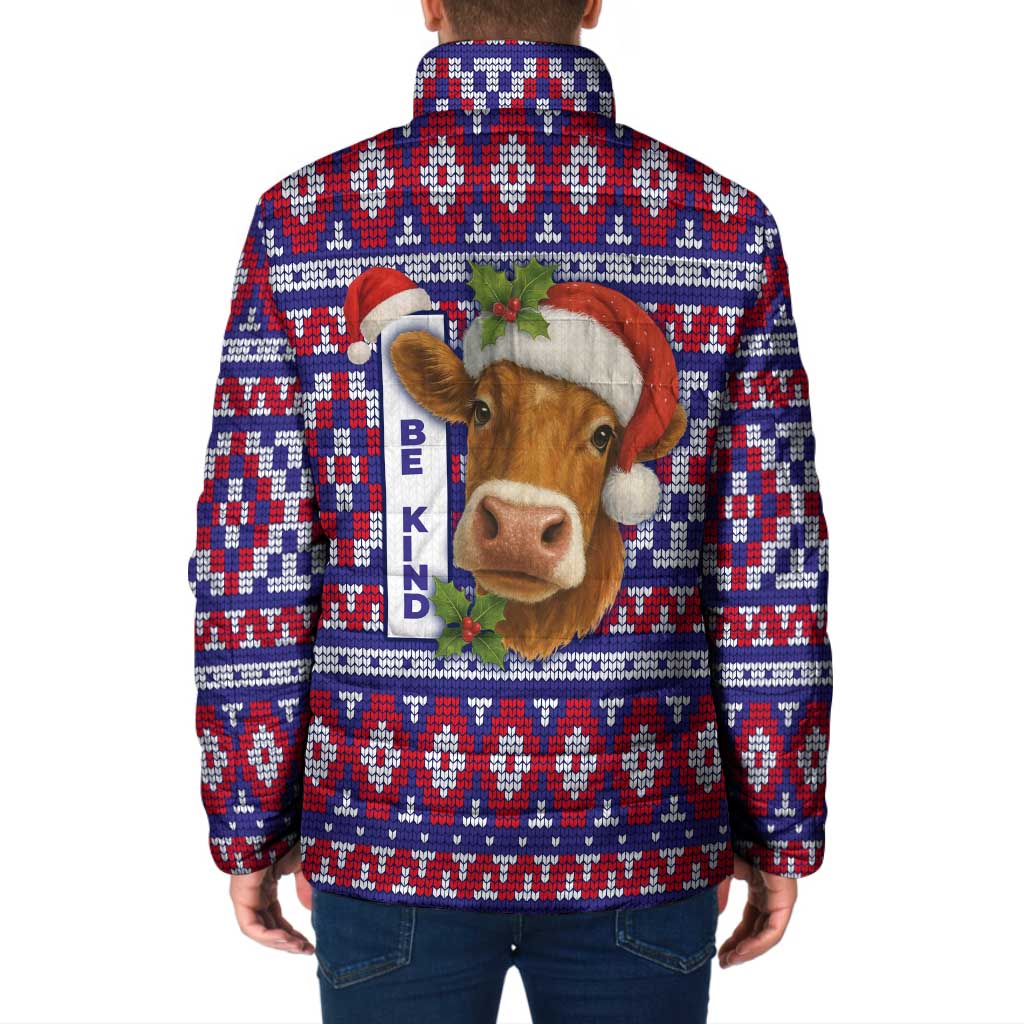 Cow in Santa Hat Be Kind Message Padded Jacket with Red Blue Knit Pattern Design - Wonder Print Shop
