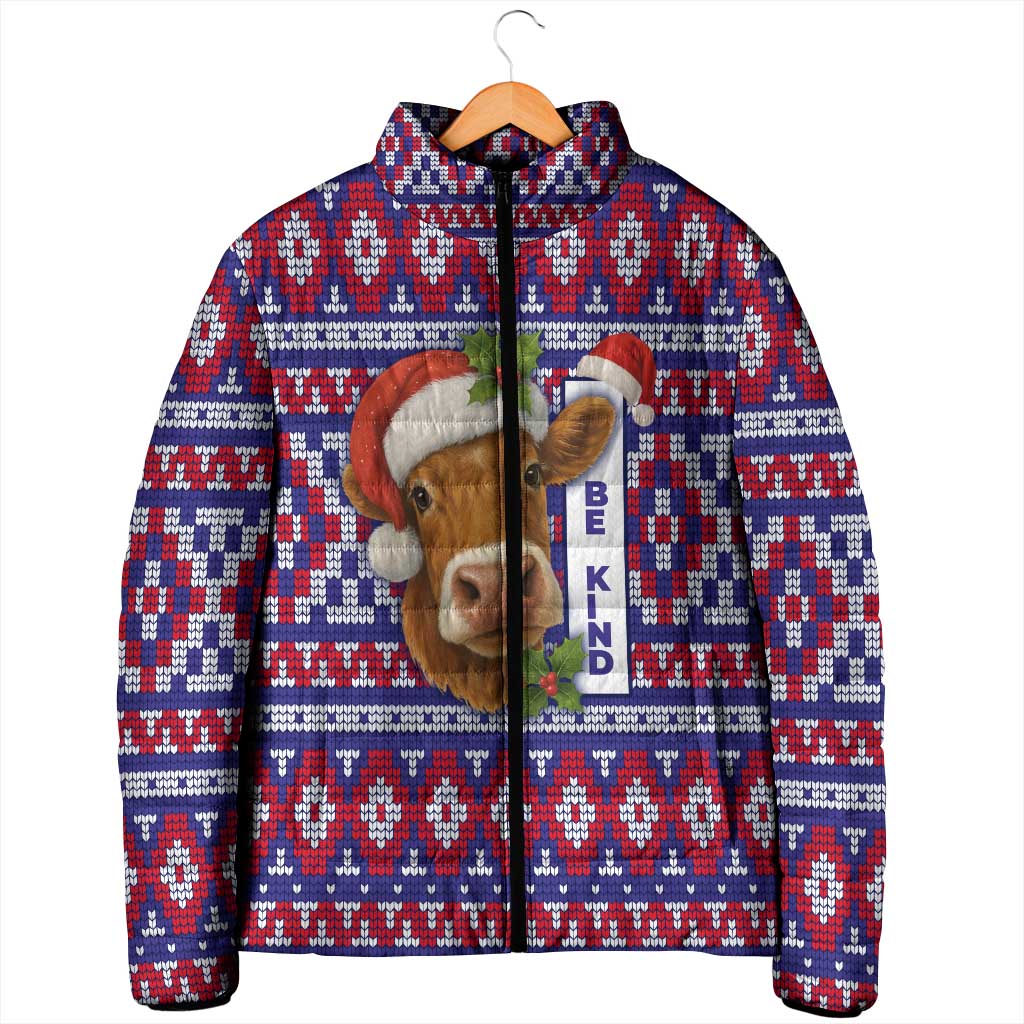 Cow in Santa Hat Be Kind Message Padded Jacket with Red Blue Knit Pattern Design - Wonder Print Shop