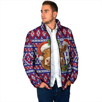 Cow in Santa Hat Be Kind Message Padded Jacket with Red Blue Knit Pattern Design - Wonder Print Shop