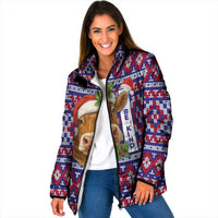 Cow in Santa Hat Be Kind Message Padded Jacket with Red Blue Knit Pattern Design - Wonder Print Shop