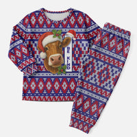 Cow in Santa Hat Be Kind Message Christmas Pajama Set with Red Blue Knit Pattern Design - Wonder Print Shop