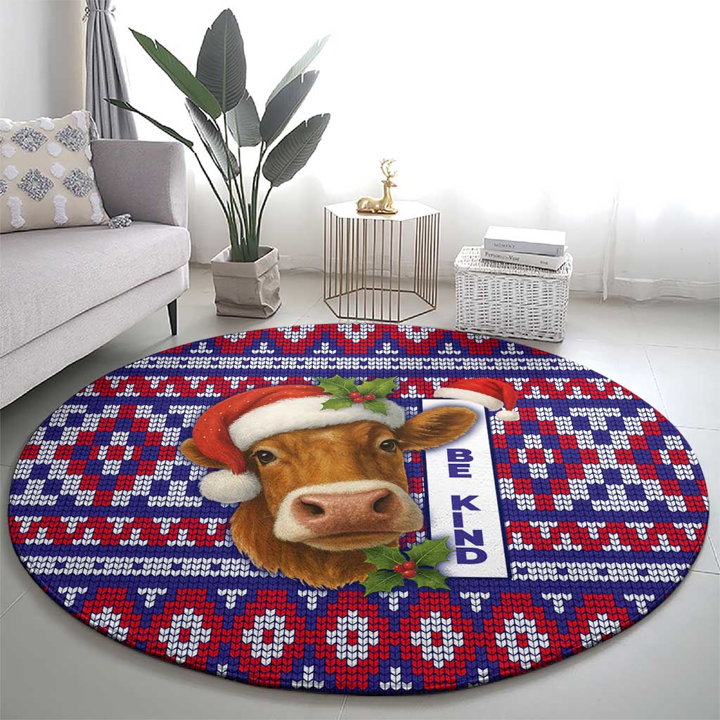 Cow in Santa Hat Be Kind Message Round Carpet with Red Blue Knit Pattern Design - Wonder Print Shop